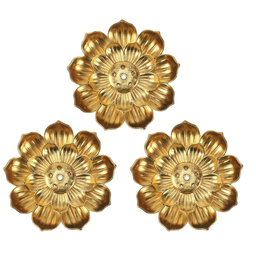 3 Pack Gold Metal Incense Holders ♡ | Premium Incense Holder + 5.5 cm + Zinc Alloy + Gold Lotus Incense Sticks Holder + Relaxation + Peace + Aesthetic + Room Decoration